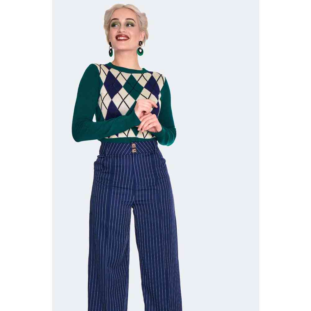Voodoo Vixen - Navy Pinstripe Turn Up Wijde broek - Blauw